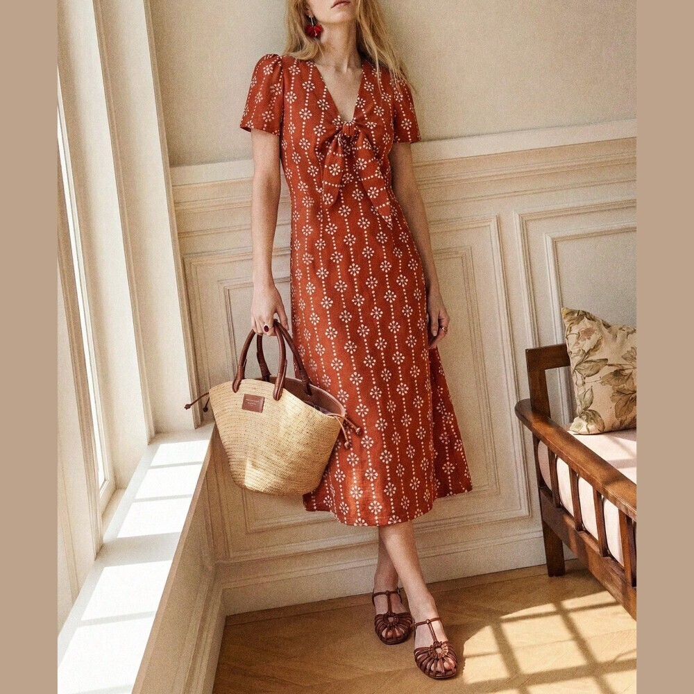 Rust Orange Floral Snowflake Print Tie Front V Neck Midi Dress